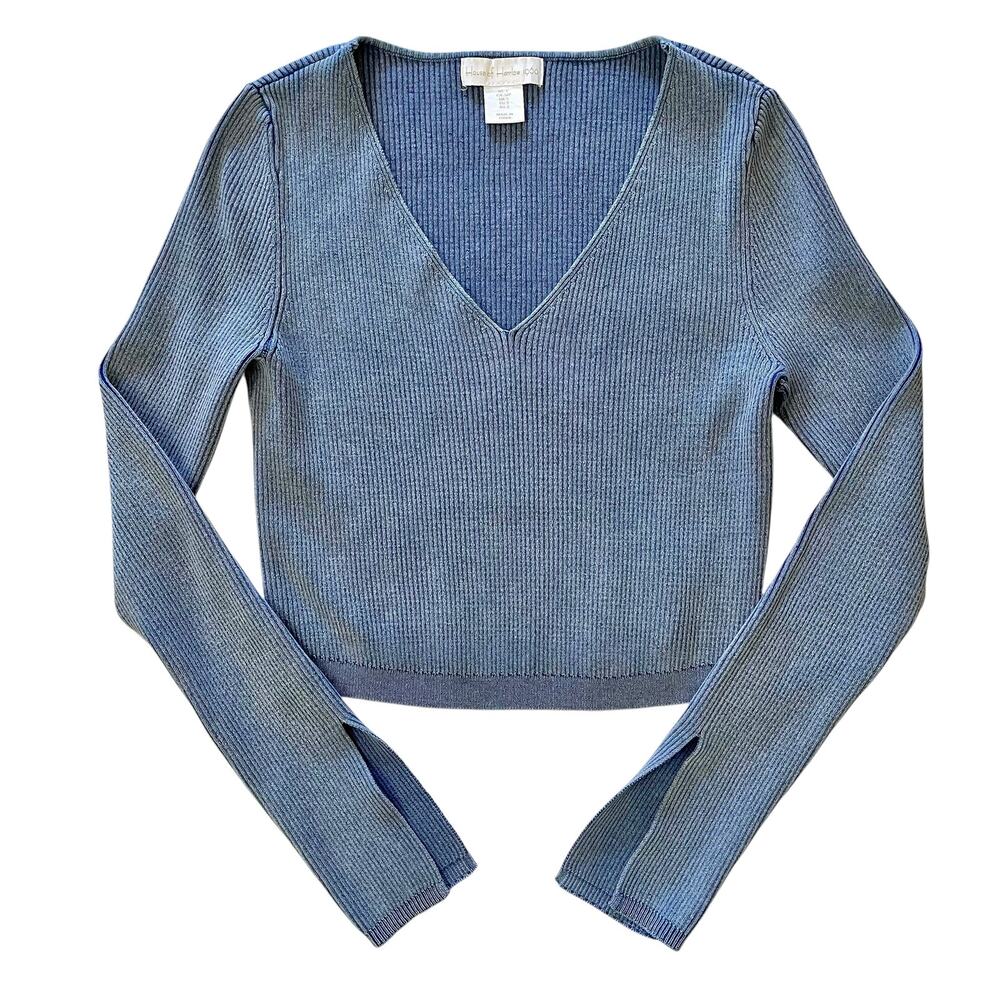House of Harlow 1960 Light Blue Ribbed Knit Cropped V-Neck Split Cuff Sweater S